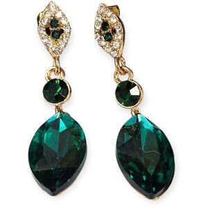 Vintage Style Green Crystal Drop Earrings Gold Tone Rhinestone Accent Jewelry